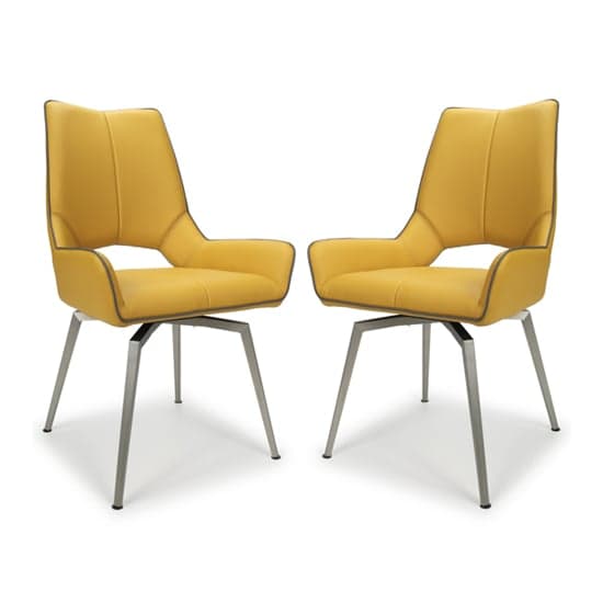 Mosul Swivel Leather Effect Yellow Dining Chairs In Pair_1