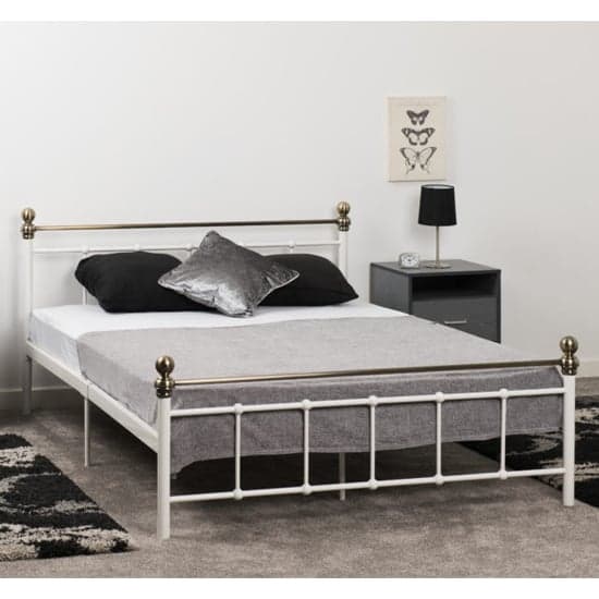 Malabo Metal Double Bed In White And Antique Brass_1