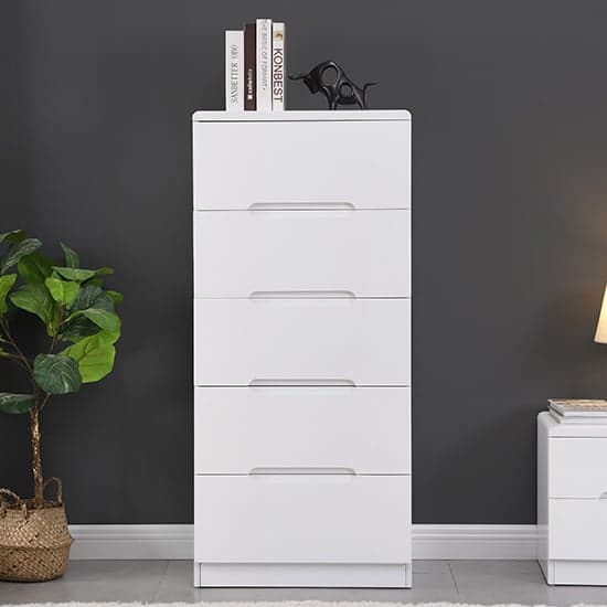 Manhattan Tall High Gloss Chest Of 5 Drawers In White_2
