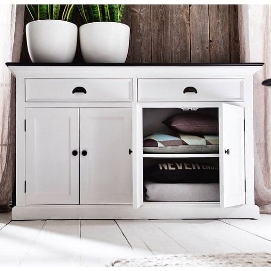 Allthorp Solid Wood Sideboard In White And Black Top With 4 Door