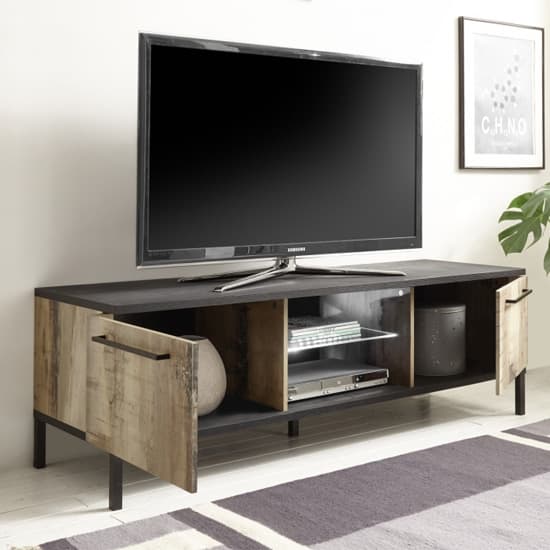 Manvos Wooden TV Stand In Black Oak And Pero With 2 Doors Furniture
