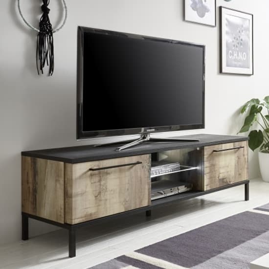 Manvos Wooden TV Stand In Black Oak And Pero With 2 Doors Furniture