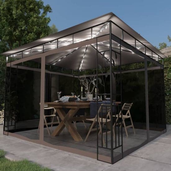 Marcel 3m x 3m Gazebo In Taupe With Net And LED Lights_1