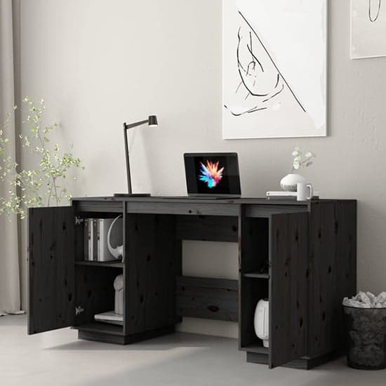 Marcel Solid Pine Wood Laptop Desk With 2 Door In Black_2