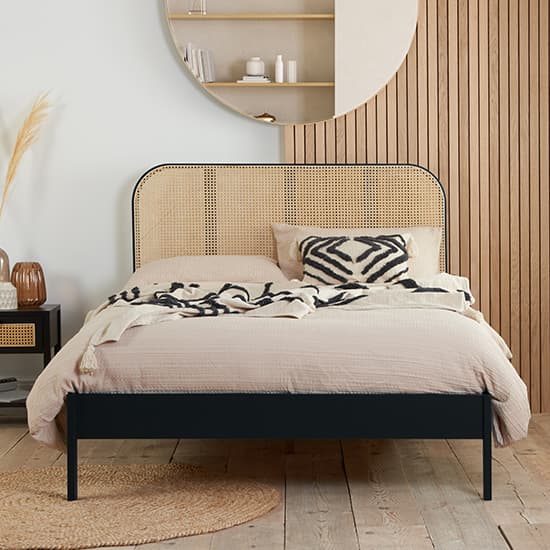 Margot Wooden Super King Size Bed In Black With Rattan Headboard_2