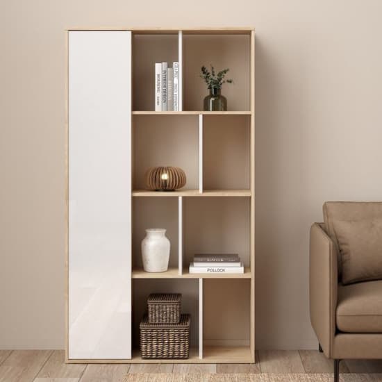 Maribor High Gloss Bookcase 1 Door In Jackson Hickory And White_1