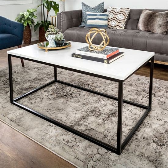 Marina Rectangular Wooden Coffee Table In White Marble Effect