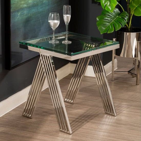 Markeb Square Clear Glass Top End Table With Silver Steel Frame_1