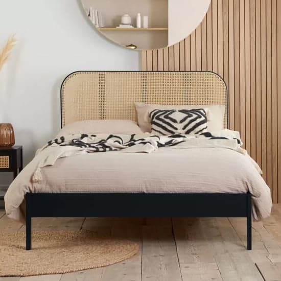 Marot Wooden Double Bed With Rattan Headboard In Black_1