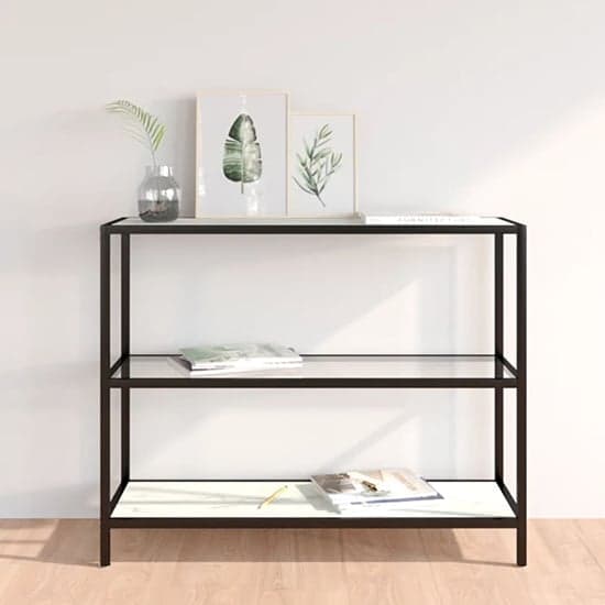 Marrim White Marble Effect Glass Console Table With Black Frame_1