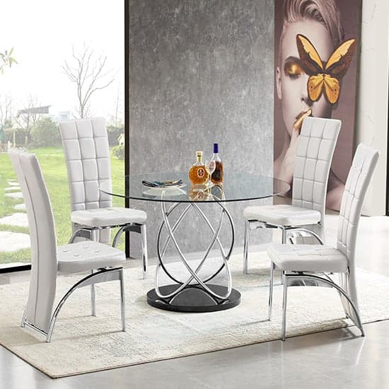 Marseille Clear Glass Dining Table With 4 Ravenna White Chairs_1
