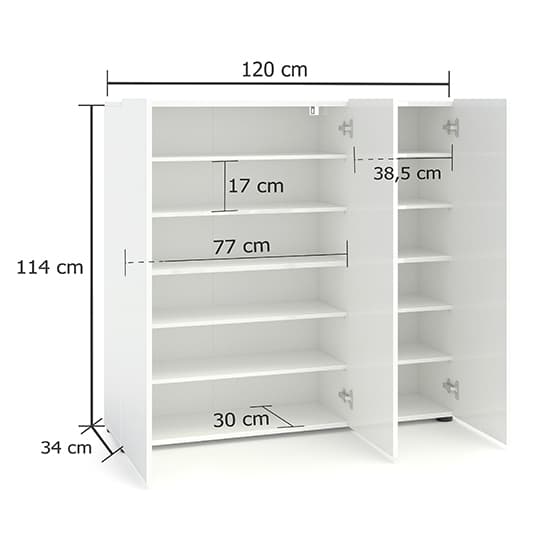 Maestro High Gloss Shoe Cabinet 3 Doors 10 Shelves In White_2