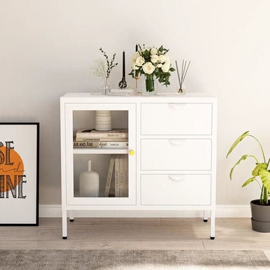 Masika Steel Display Cabinet With 1 Door 3 Drawers In White_1