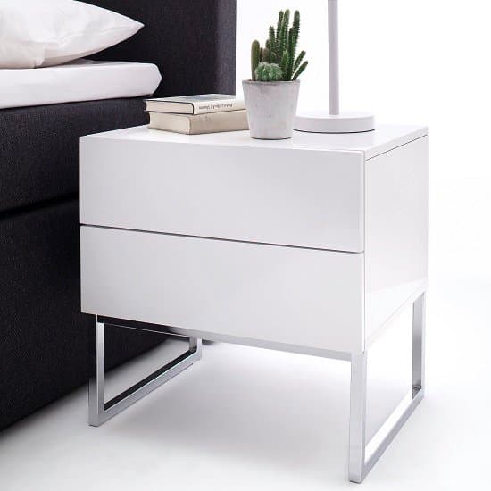 Strada High Gloss Bedside With 2 Drawers In White Furniture