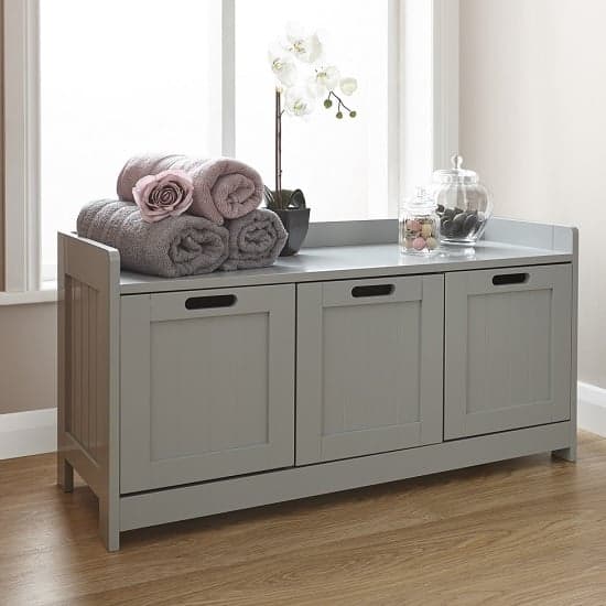 Catford Wooden Storage Bench In Grey With 3 Doors_1