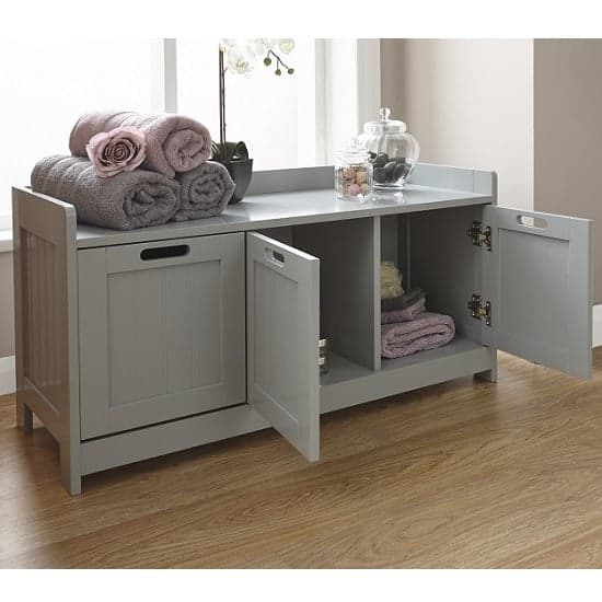 Catford Wooden Storage Bench In Grey With 3 Doors_2