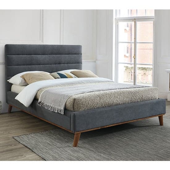 Mayfair Fabric Double Bed In Dark Grey With Oak Wooden Legs_1