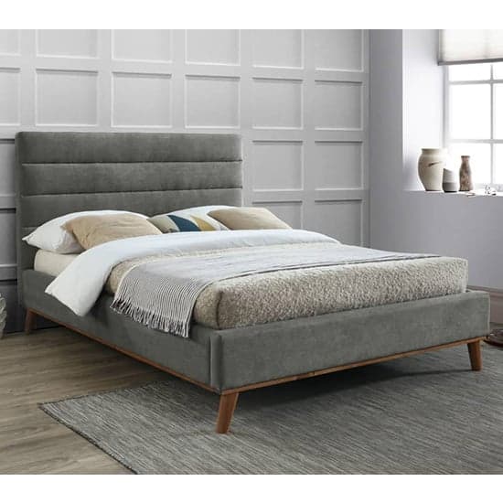 Mayfair Fabric Double Bed In Light Grey With Oak Wooden Legs_1