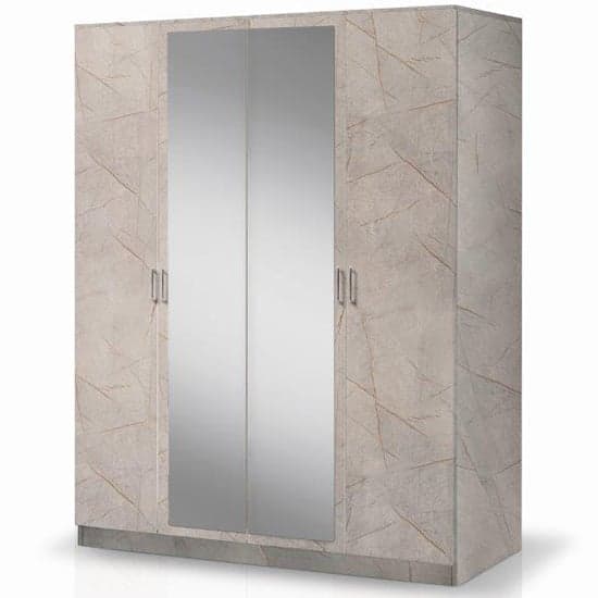 Mayon Mirrored Wooden 4 Doors Wardrobe In Grey Marble Effect_1