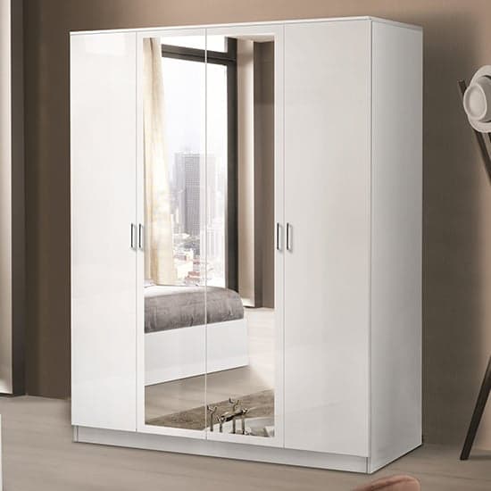 Mayon Mirrored Wooden 4 Doors Wardrobe In White High Gloss_1