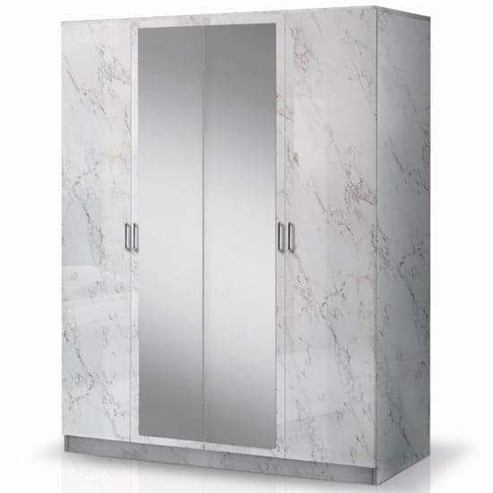 Mayon Mirrored Wooden 4 Doors Wardrobe In White Marble Effect_2