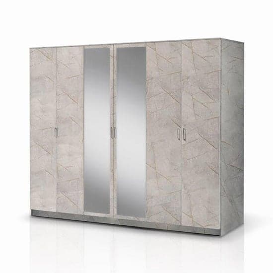 Mayon Mirrored Wooden 6 Doors Wardrobe In Grey Marble Effect_1