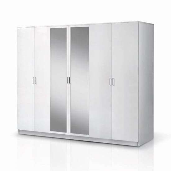 Mayon Mirrored Wooden 6 Doors Wardrobe In White High Gloss_1