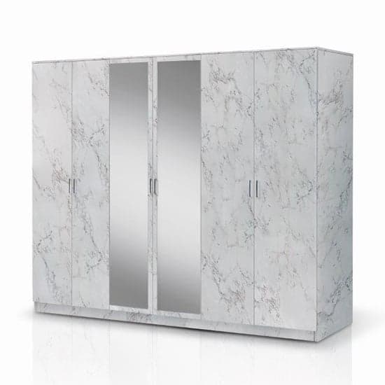 Mayon Mirrored Wooden 6 Doors Wardrobe In White Marble Effect_1