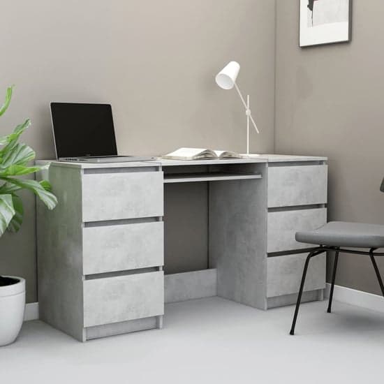 Mayra Wooden Laptop Desk With 6 Drawers In Concrete Effect_1