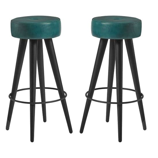 Medina Round Vintage Teal Faux Leather Bar Stools In Pair_1