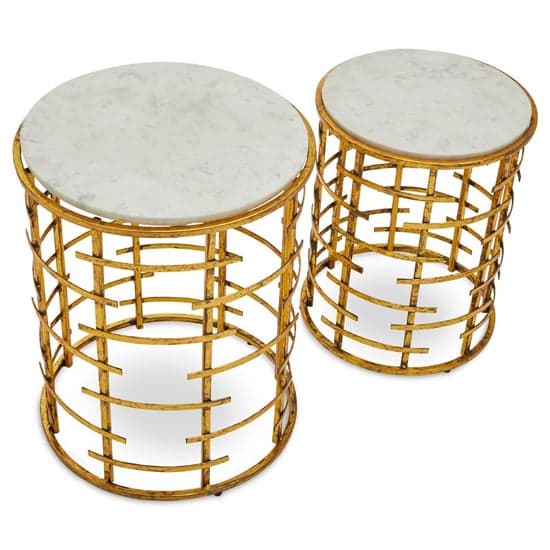 Mekbuda Round White Marble Top Nest Of 2 Tables With Gold Frame_4