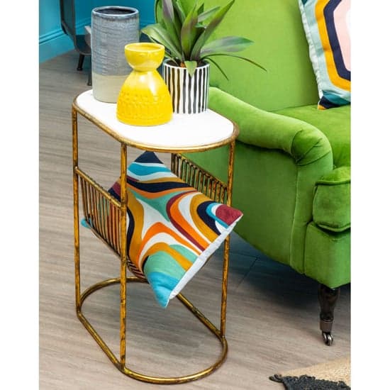 Mekbuda White Marble Top Side Table With Gold Magazine Rack_1