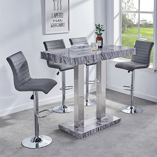 Melange Marble Effect Bar Table With 4 Ripple Grey Stools Furniture in Fashion