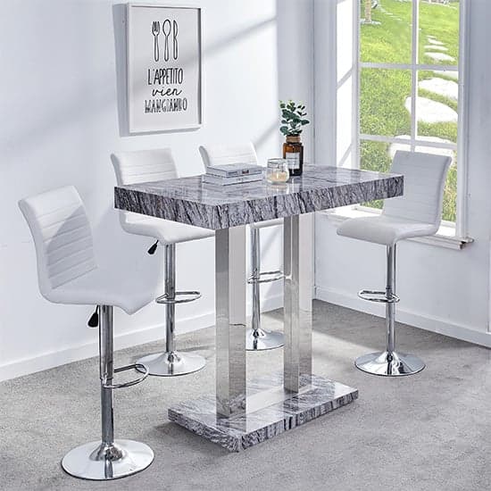 Melange Marble Effect Bar Table With 4 Ripple White Stools_1