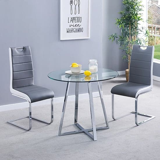 Melito Round Glass Dining Table With 2 Petra Grey White Chairs_1
