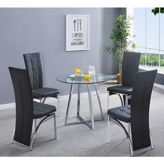Melito Round Glass Dining Table With 4 Ravenna Black Chairs_1