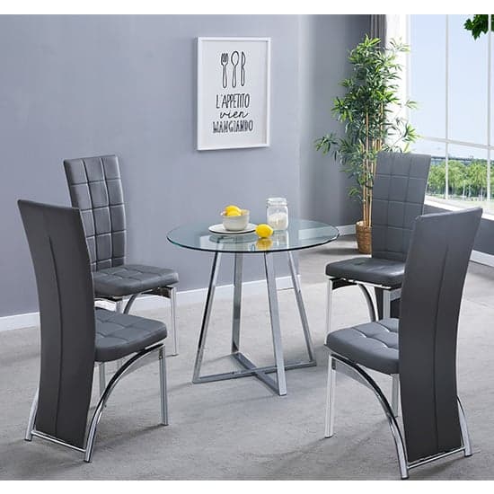 Melito Round Glass Dining Table With 4 Ravenna Grey Chairs_1