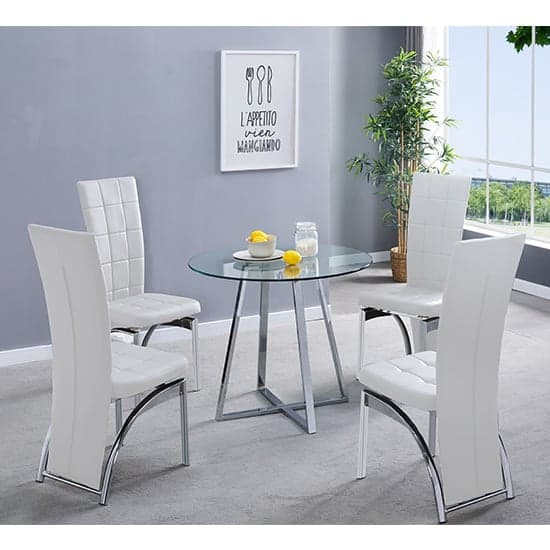 Melito Round Glass Dining Table With 4 Ravenna White Chairs_1