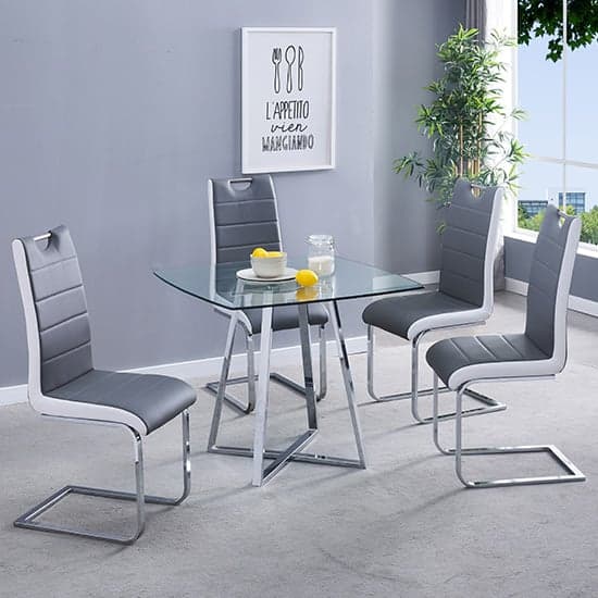 Melito Square Glass Dining Table With 4 Petra Grey White Chairs_1