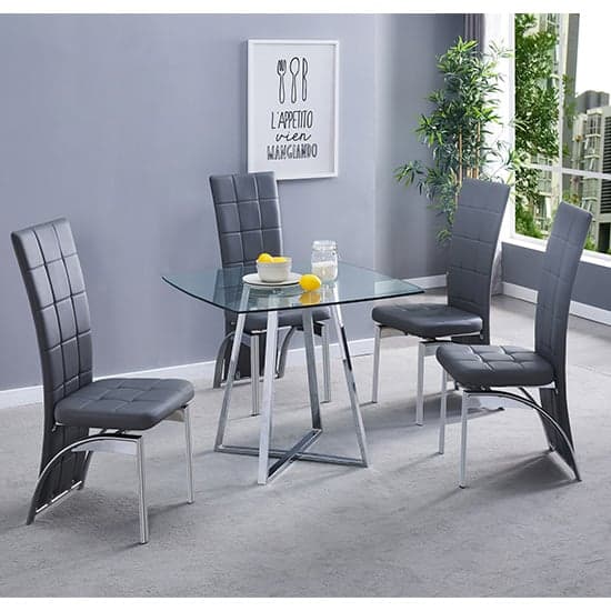 Melito Square Glass Dining Table With 4 Ravenna Grey Chairs_1