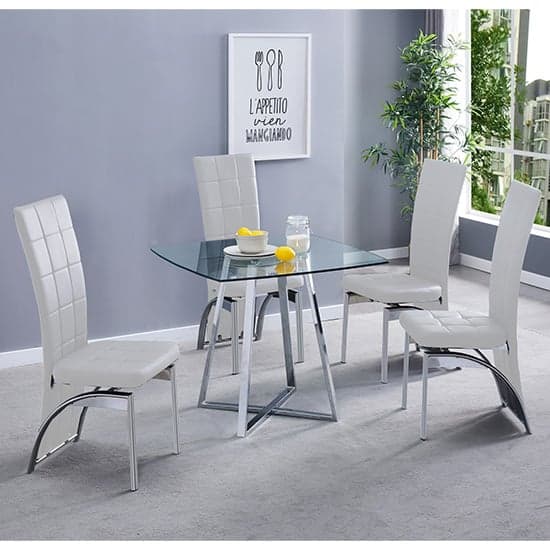 Melito Square Glass Dining Table With 4 Ravenna White Chairs_1