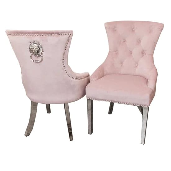Melvin Lion Knocker Pink Velvet Dining Chairs In Pair_1