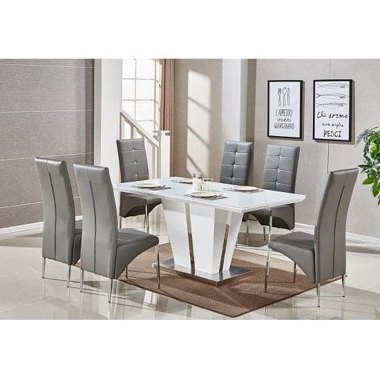 Memphis Large White Gloss Dining Table 6 Vesta Grey Chairs_1