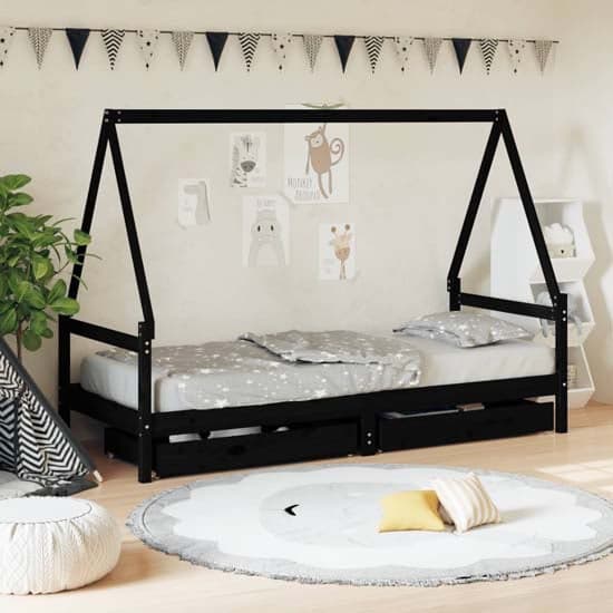 Merano Kids Solid Pine Wood Single Bed With Drawers In Black_1