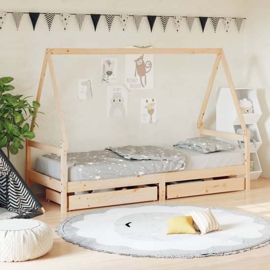 Merano Kids Solid Pine Wood Single Bed With Drawers In Natural_1
