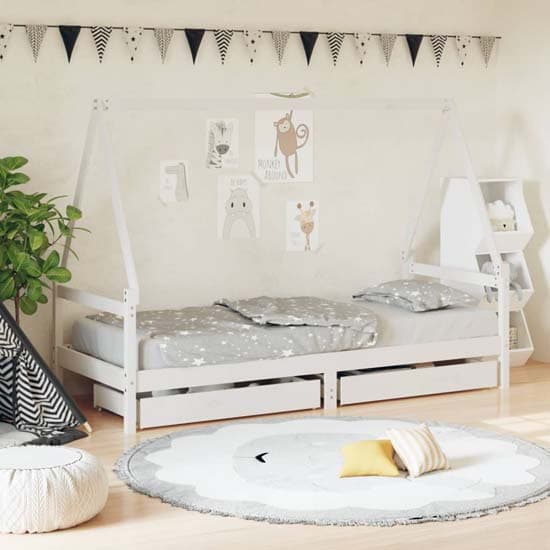 Merano Kids Solid Pine Wood Single Bed With Drawers In White_1