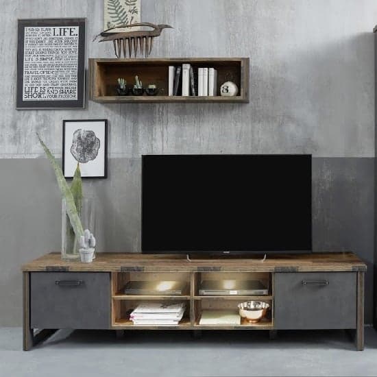 Merano Wooden TV Stand Wide In Old Wood With Matera Grey And LED_3