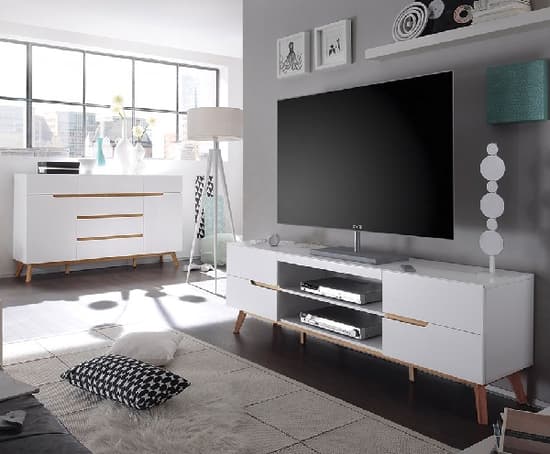 Merina Lowboard TV Stand In Matt White And Oak With 4 Drawers_6