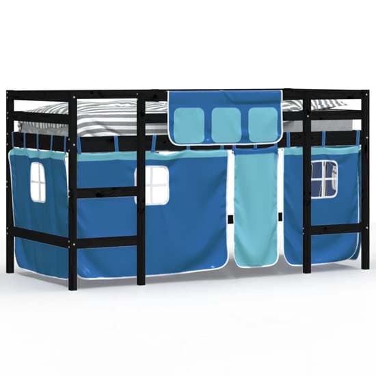 Messina Kids Pinewood Loft Bed In Black With Blue Curtains_2