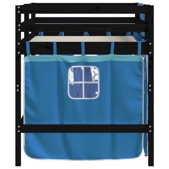 Messina Kids Pinewood Loft Bed In Black With Blue Curtains_6